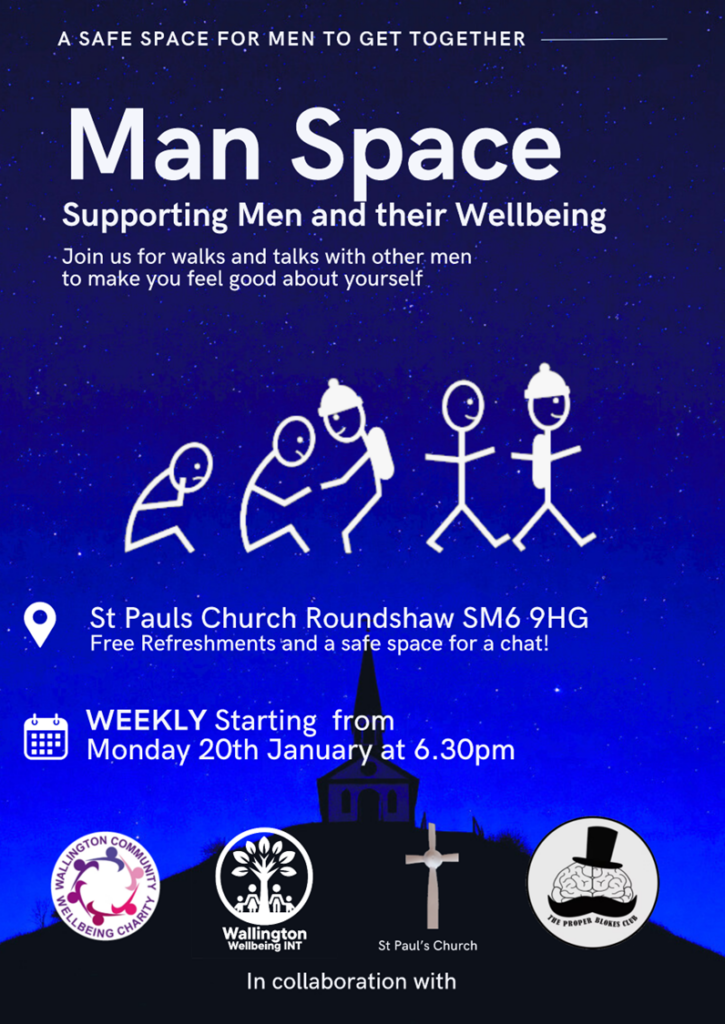 Man Space supporting men and their wellbeing. Join us for walks and walks with other men to make you feel good about yourself.